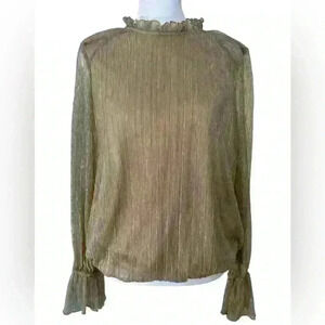 Love and Promises Romantic Gold Metallic Ruffles Long Sleeve Blouse. Size M